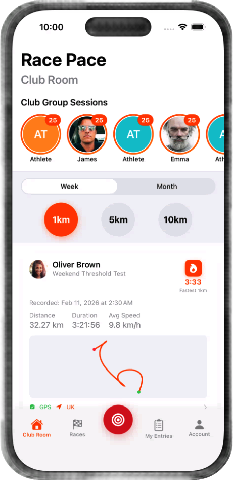 Racepace home screen showing club sessions, distance goals, and recent activity