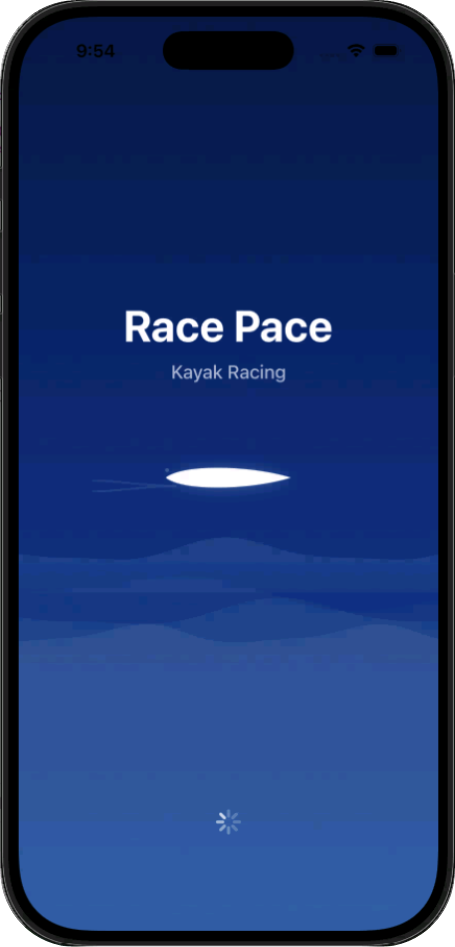 Racepace splash screen with app logo and kayak illustration